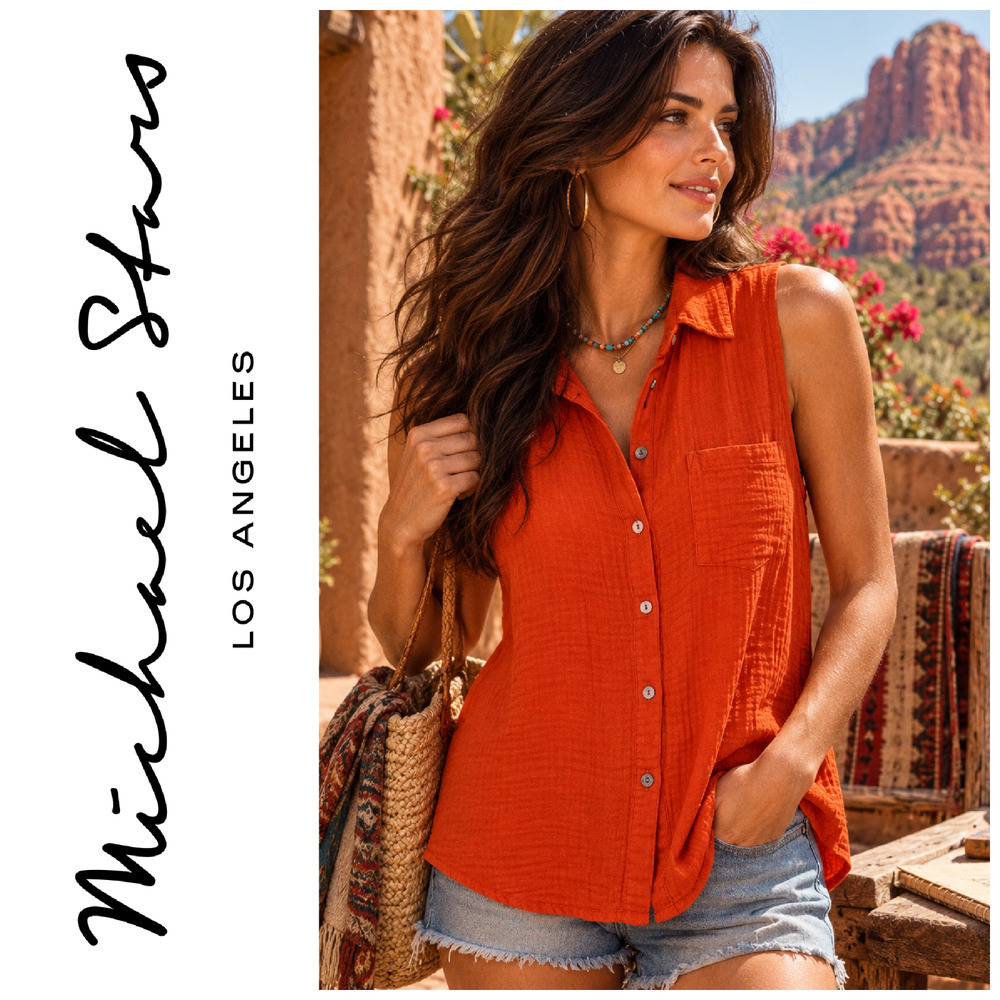 Michael Stars Monique Sz XS Orange Sleeveless Double Gauze Button Front Top